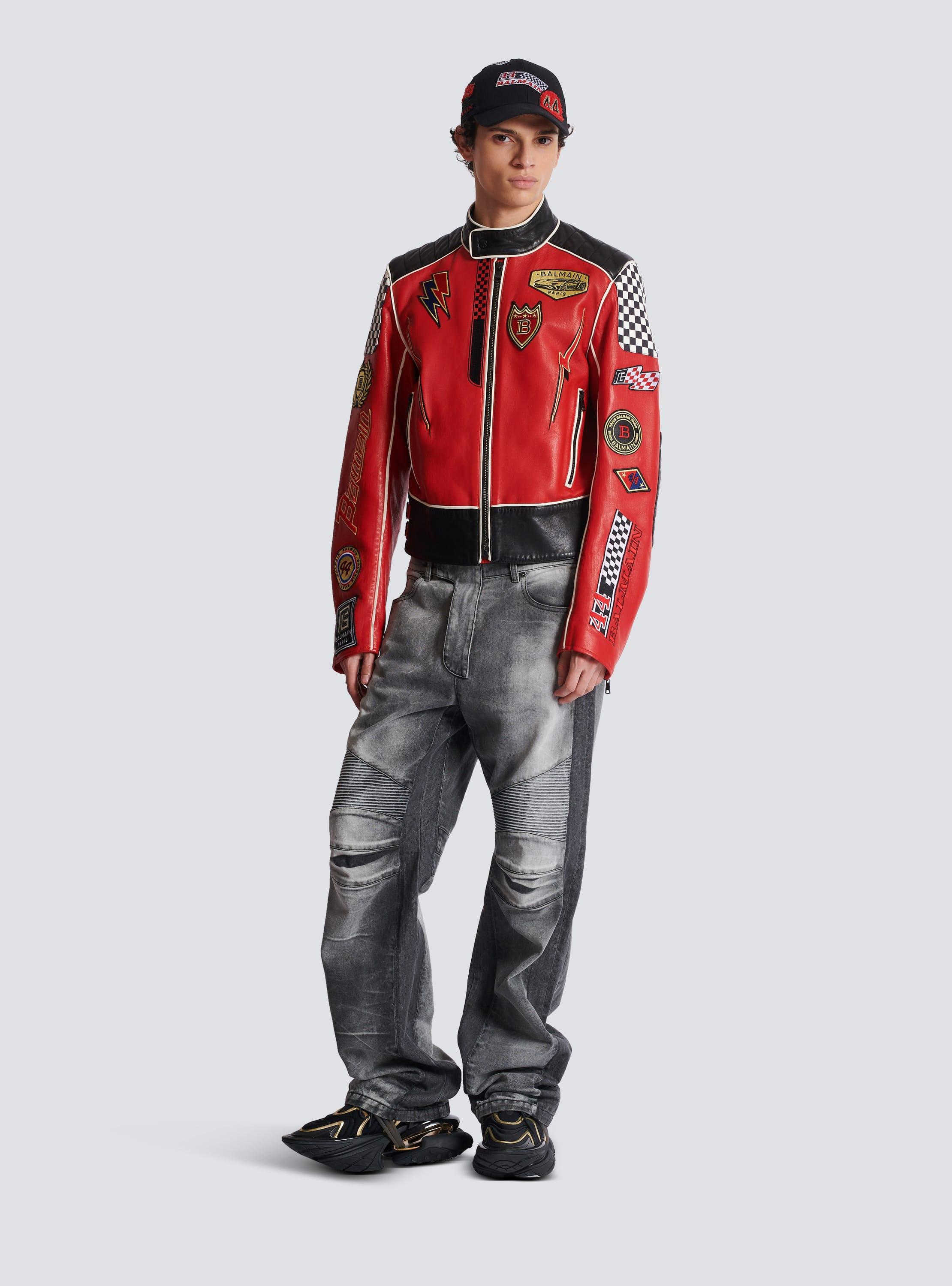 Lambskin jacket with Balmain Racing patches Product Image