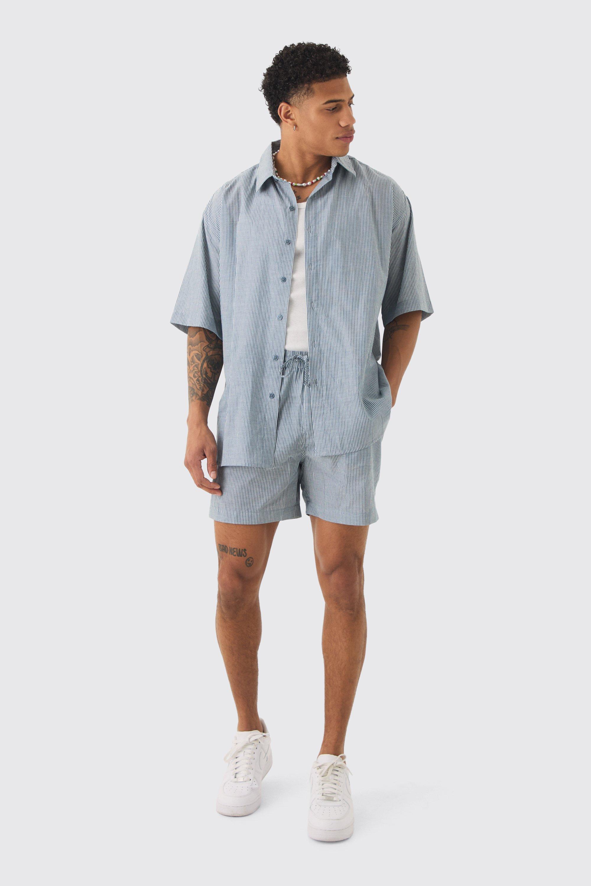 Oversized Short Sleeve Linen Look Shirt & Short Set In Black | boohooMAN USA Product Image