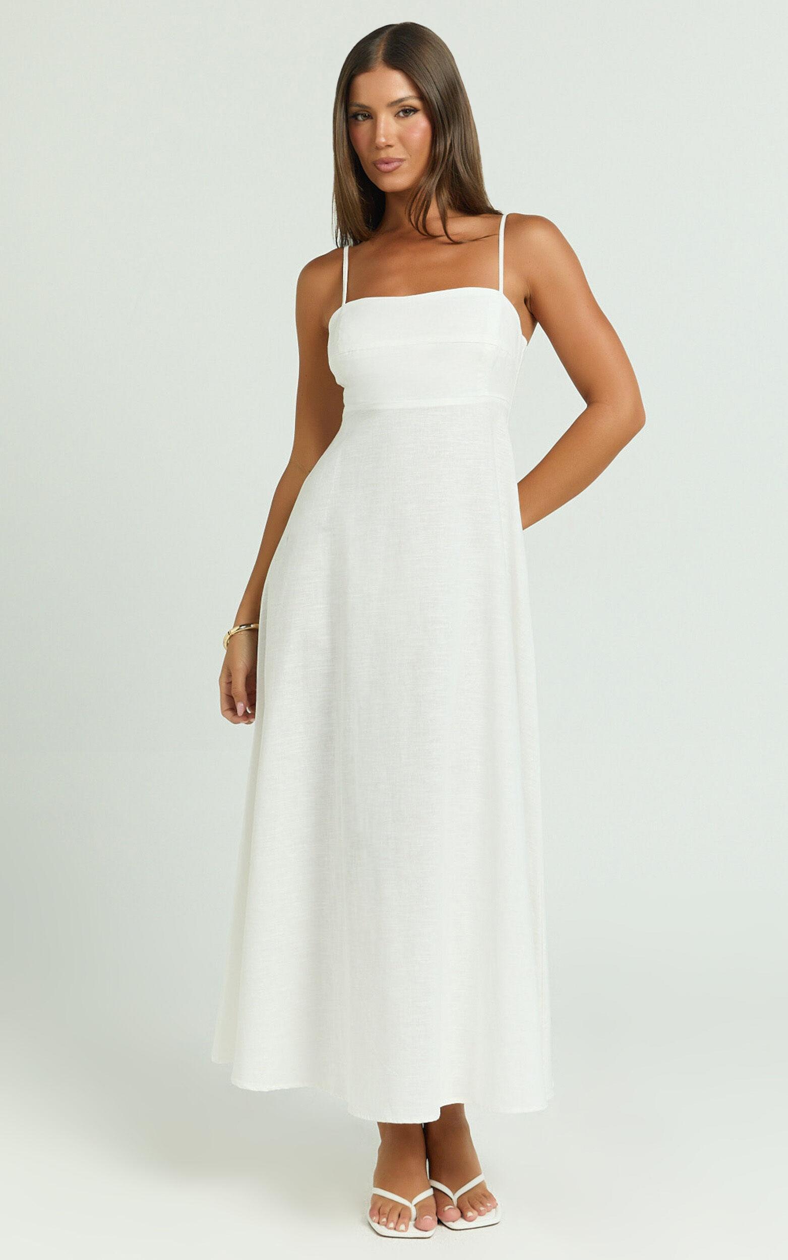 Brette Midi Dress - Linen Look Straight Neck Strappy Fit And Flare Dress in White Product Image