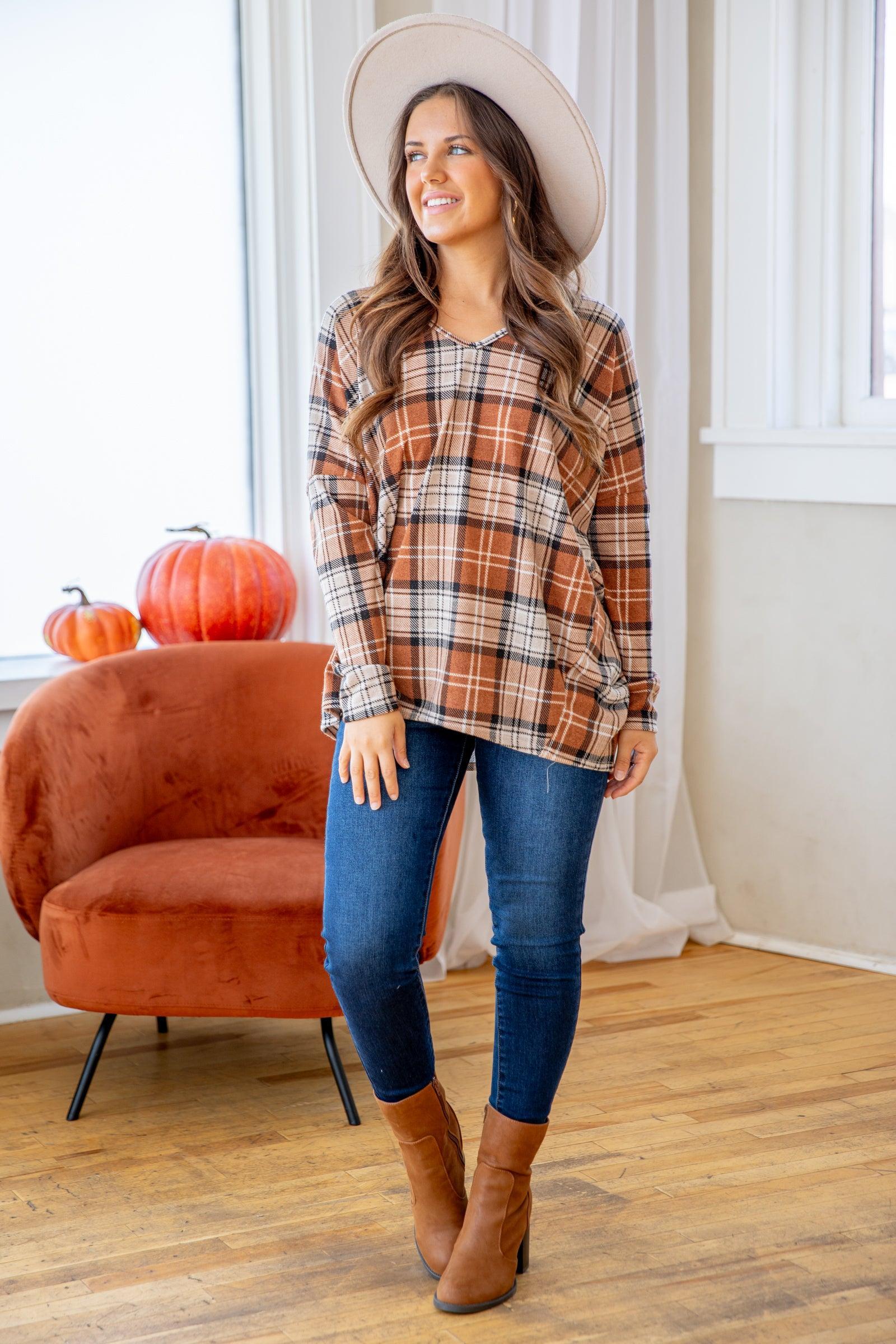 Tan Plaid V-Neck Top Product Image