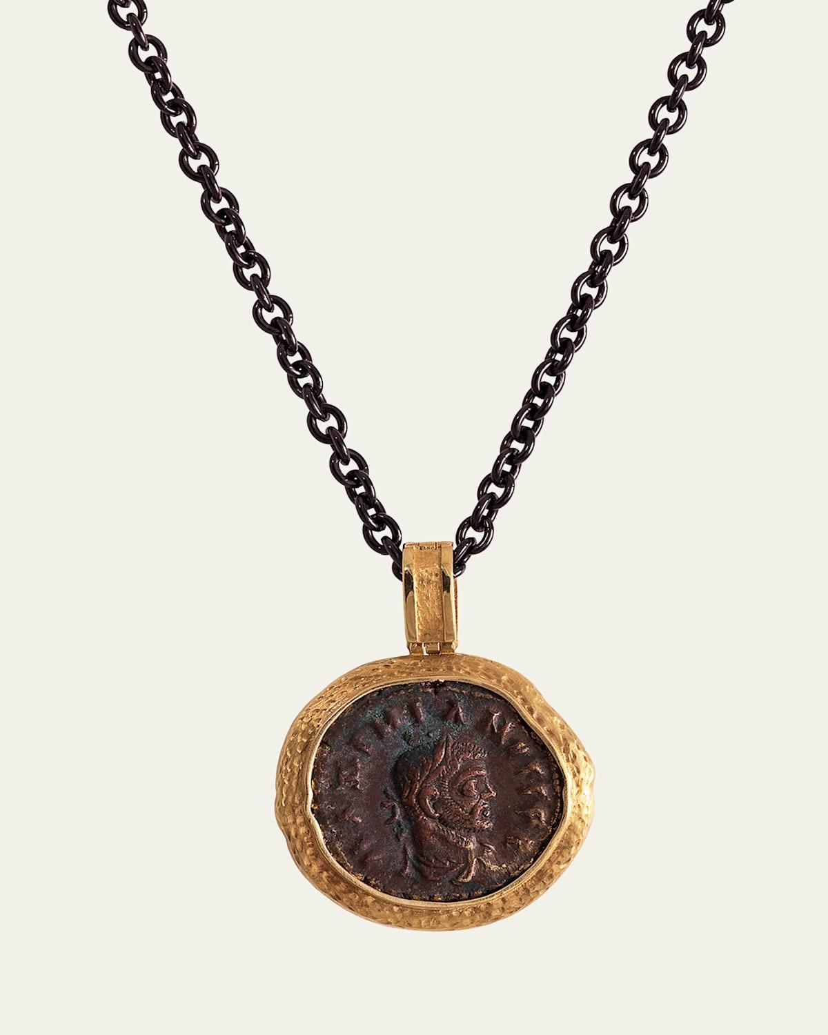 Mens 18K Reversible Tyche Coin Pendant w/ Black Diamonds Product Image