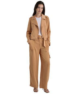 Dkny Womens Contrast Stitch Asymmetric Moto Jacket Crewneck Stud Trim Rib Knit Tank Top High Rise Belted Wide Leg Cargo Pants Product Image