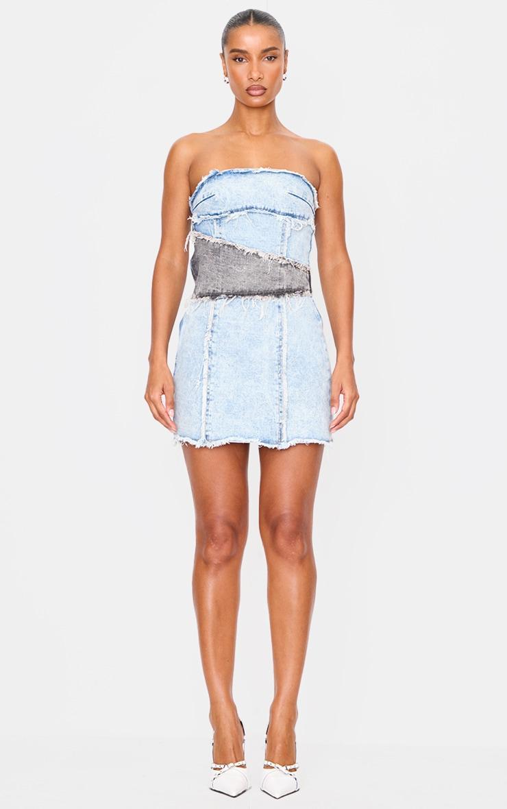 Blue Layered Denim Bandeau Mini Dress Product Image