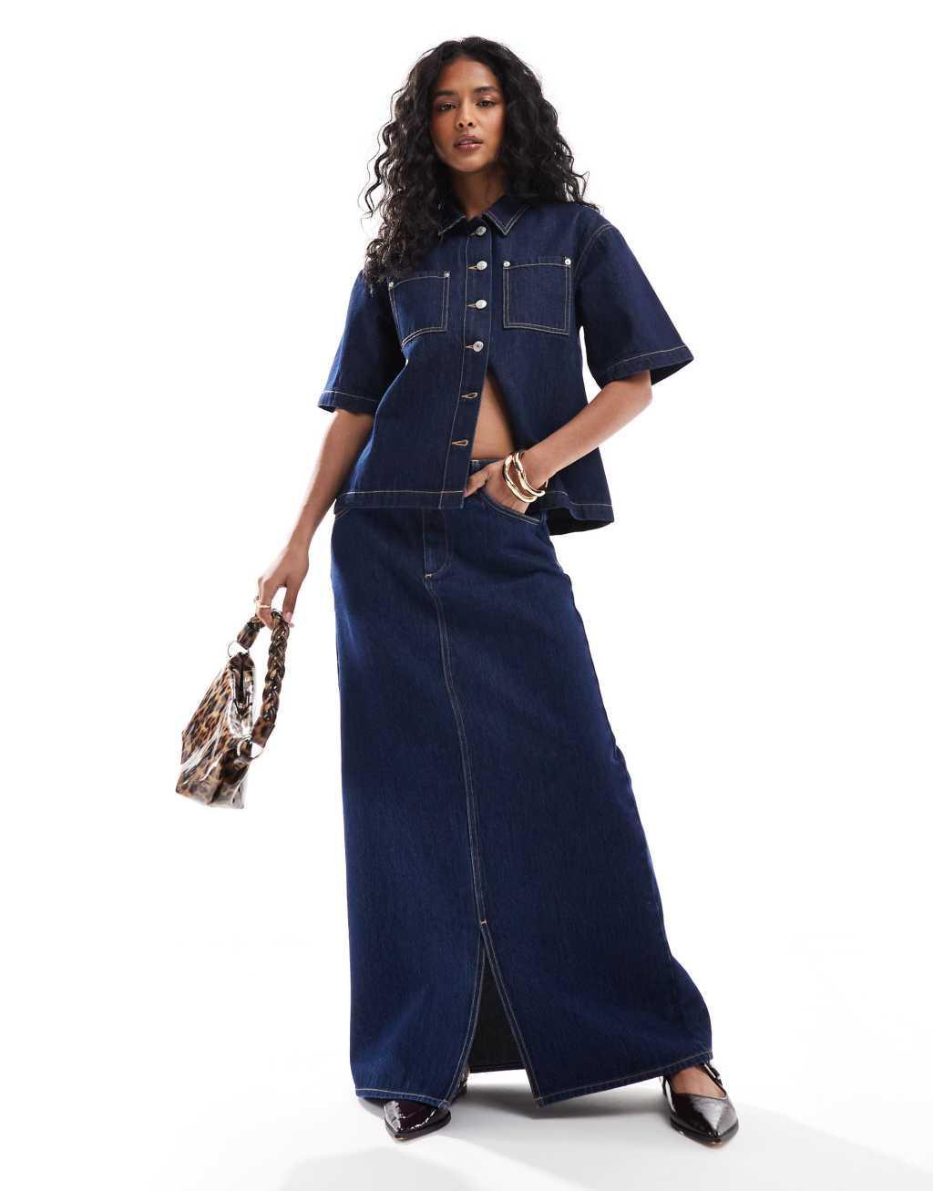 ASOS DESIGN denim maxi split front skirt in indigo Product Image