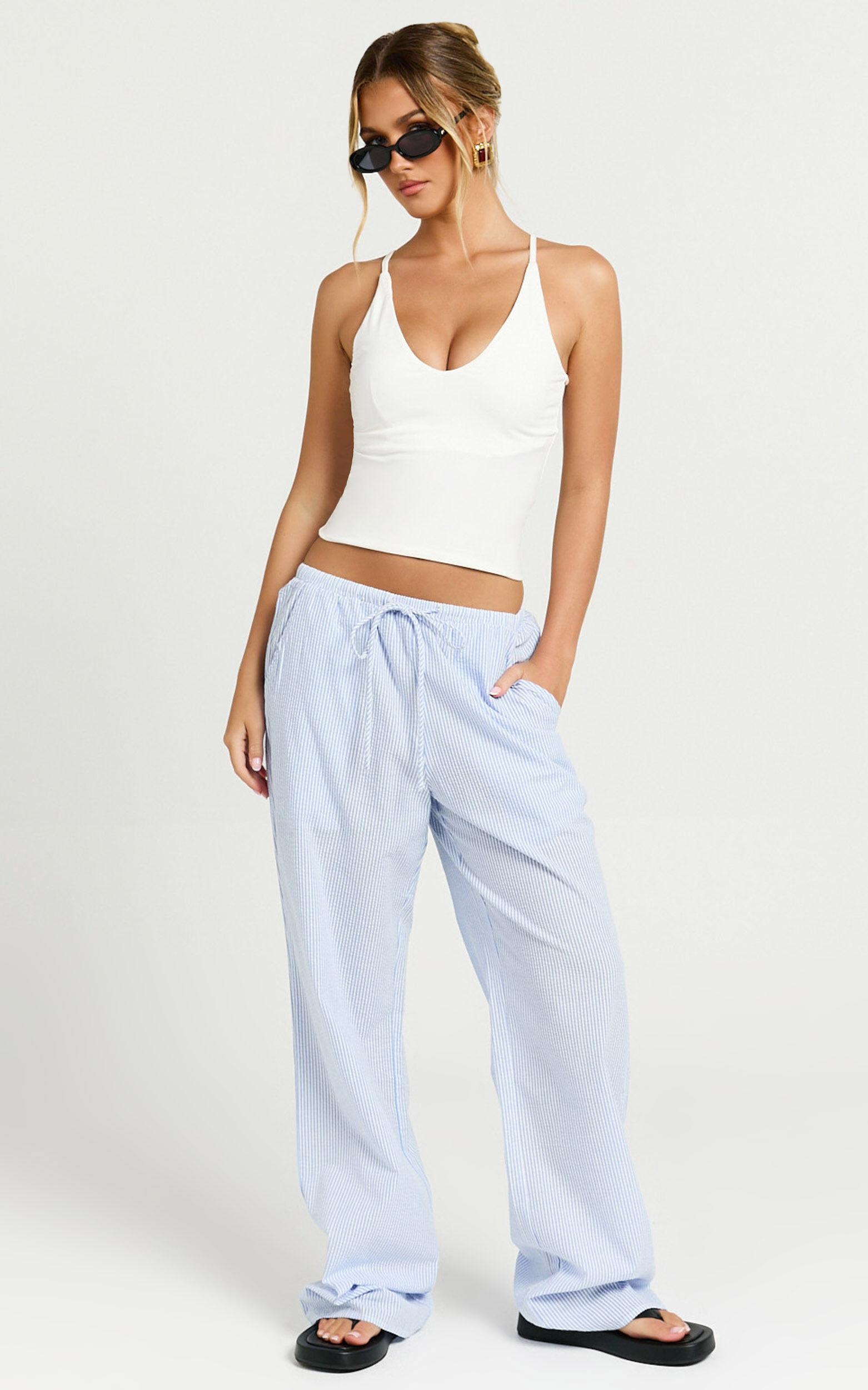 Harlo Pants - Mid Waisted Relaxed Leg Stripe Pants in Blue/ White Product Image