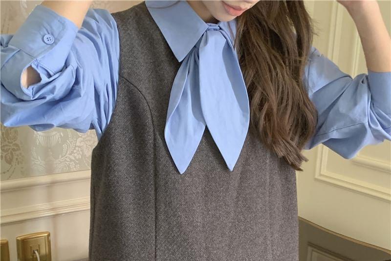 Puff-Sleeve Plain Shirt / Mini Dungaree Dress Product Image