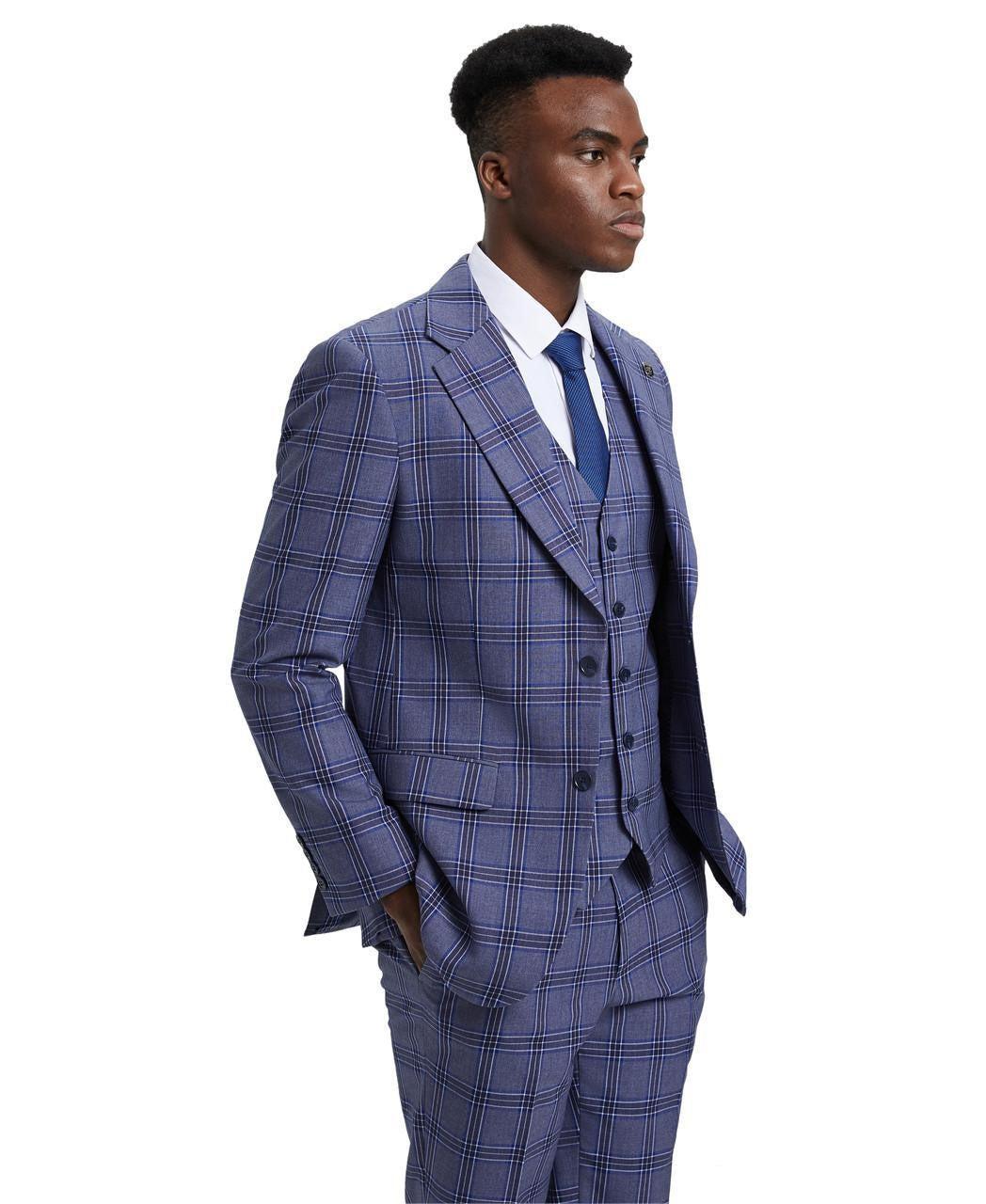 Stacy Adams 3 Piece Suit 2 Buttons Plaid Hybrid Fit in Purple with Adjustable Waistband Product Image