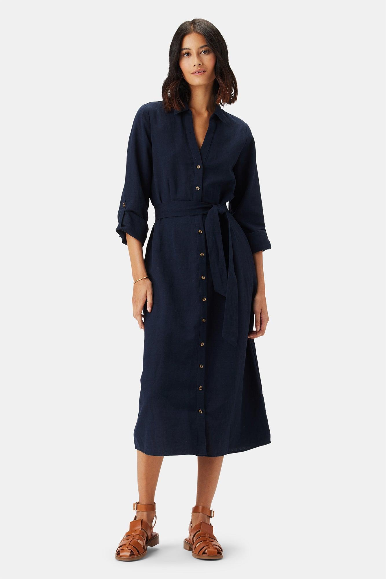 Joyce Cotton Linen Dress - Navy Blue Product Image