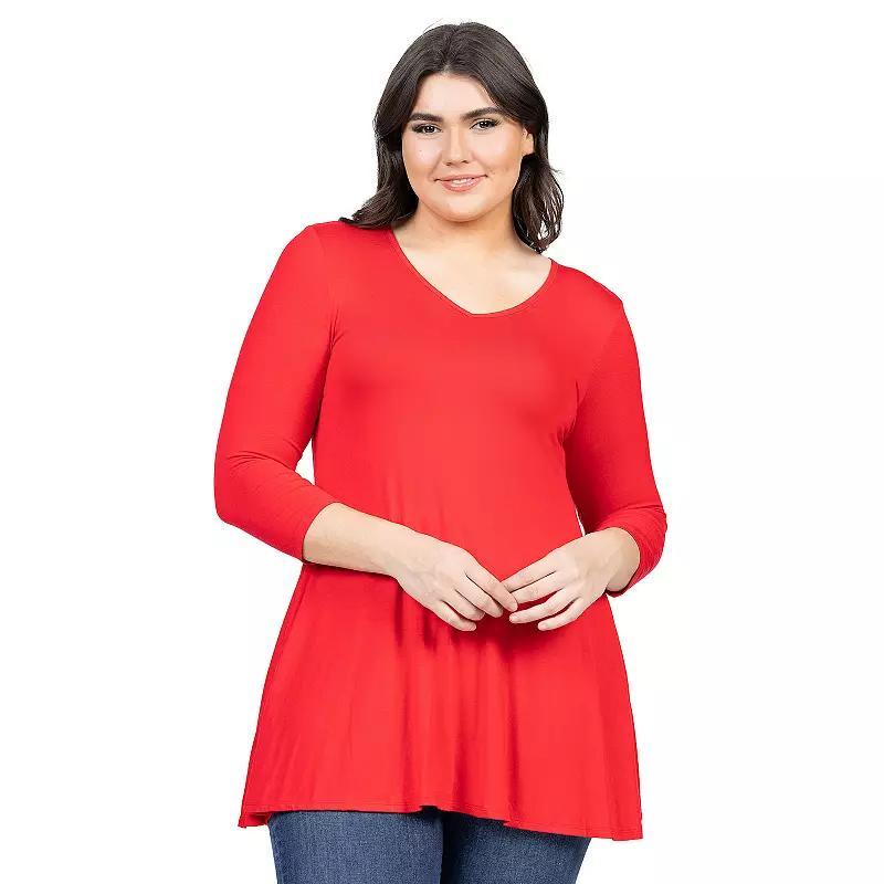 Plus Size 24Seven Comfort Apparel Quarter Sleeve V-Neck Tunic Top, Womens Product Image