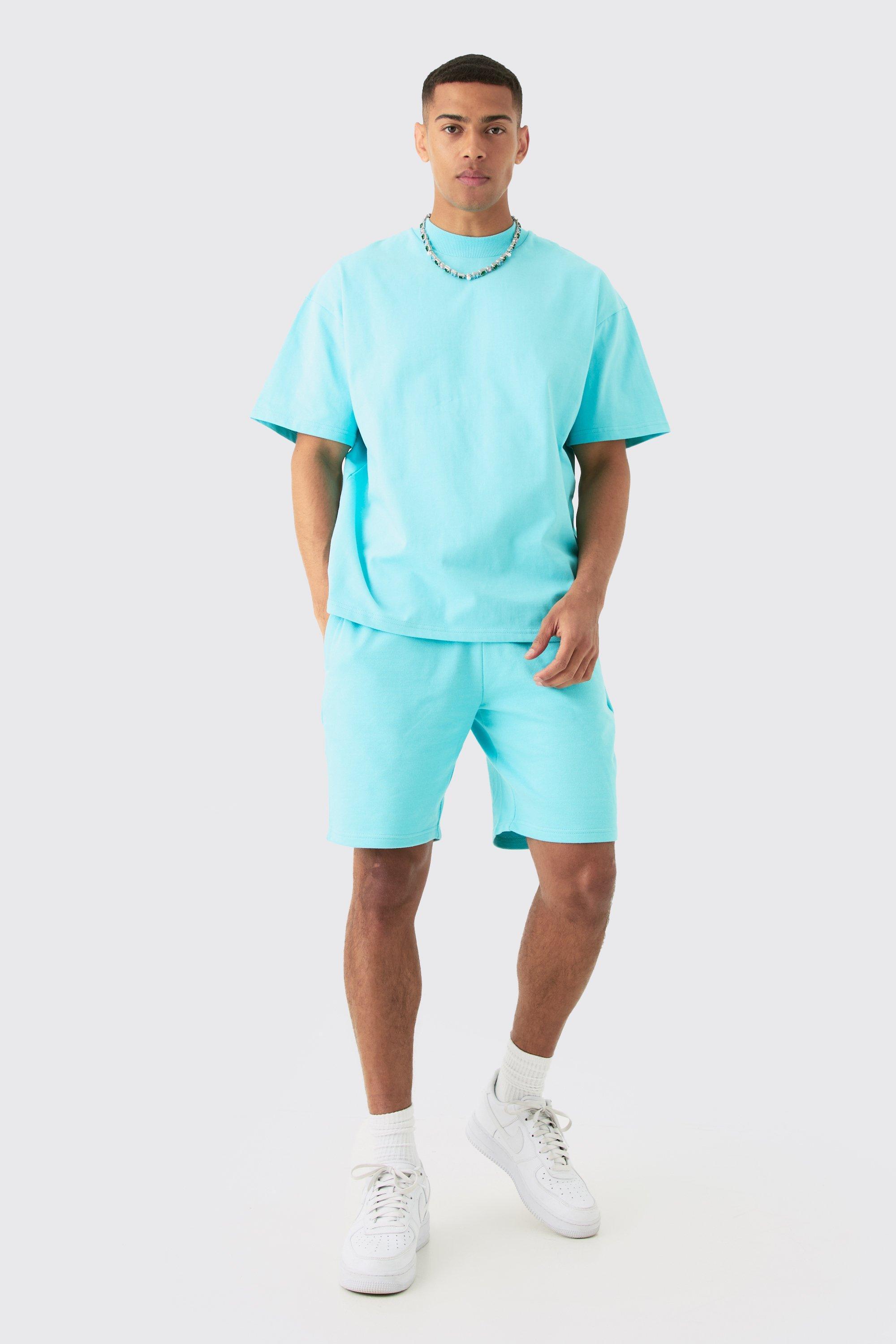 Mens Blue Oversized Super Heavyweight Jersey T-shirt & Shorts, Blue Product Image