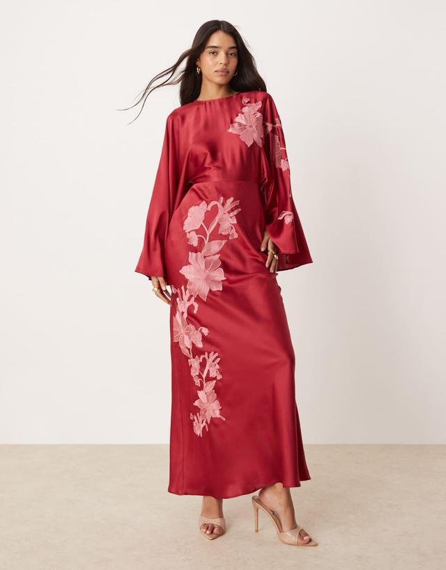 ASOS DESIGN exaggerated sleeve embroidered satin bias maxi dress in berry Product Image