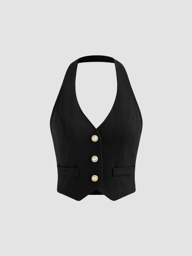 Woven Halter Pearl Button Crop Vest Product Image