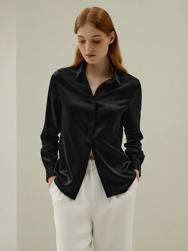 Basic Concealed Placket Silk Shirt Product Image