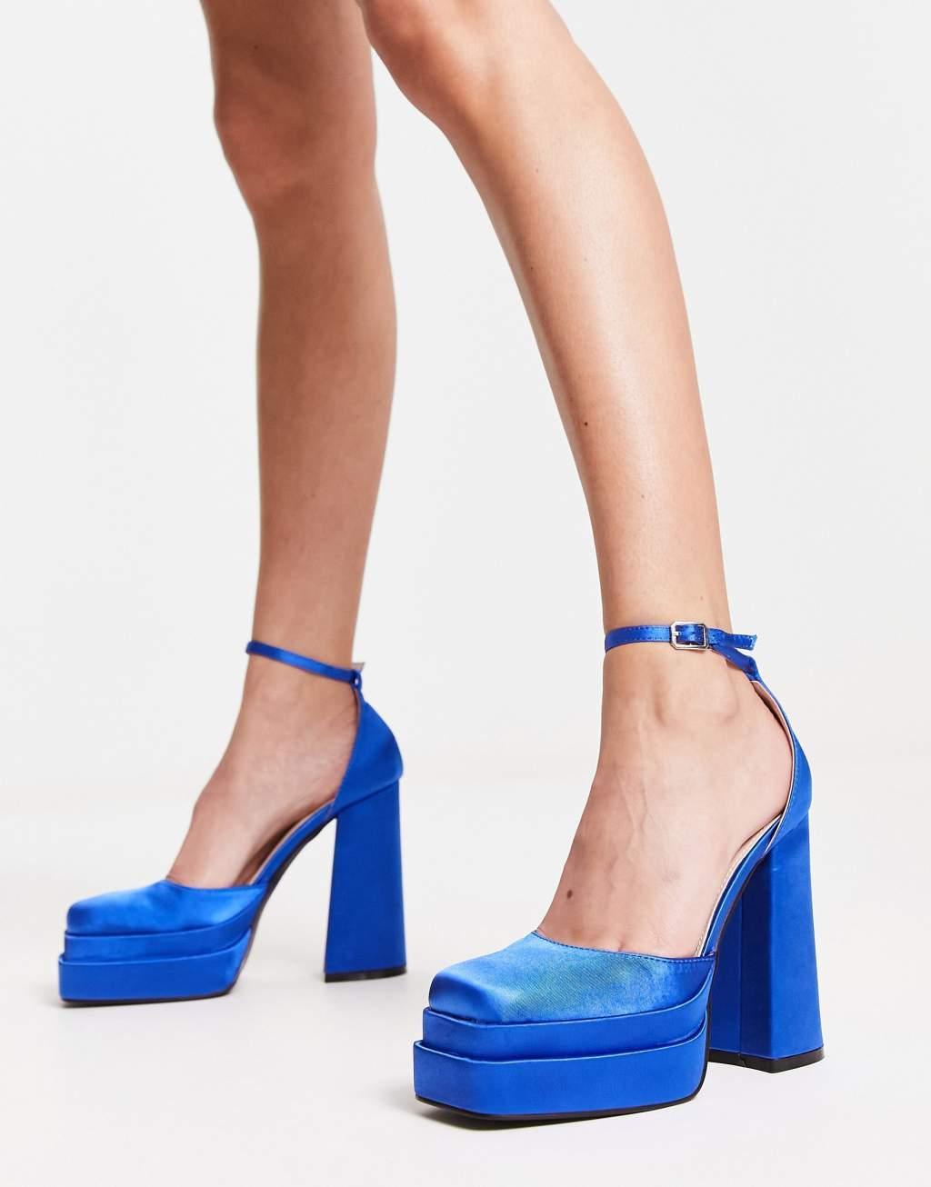 RAID Amira double platform heeled shoes in blue satin  Product Image