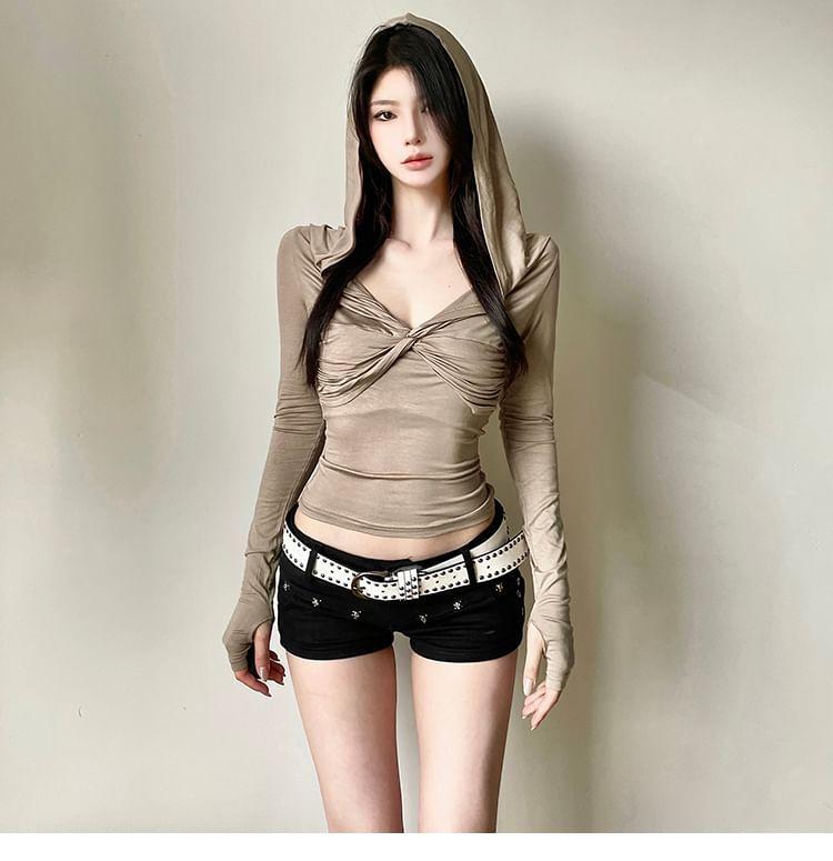 Long-Sleeve V-Neck Hooded Twisted Crop Top Product Image