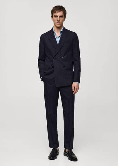 MANGO MAN - Wool pinstripe double-breasted suit blazer dark navyMen Product Image