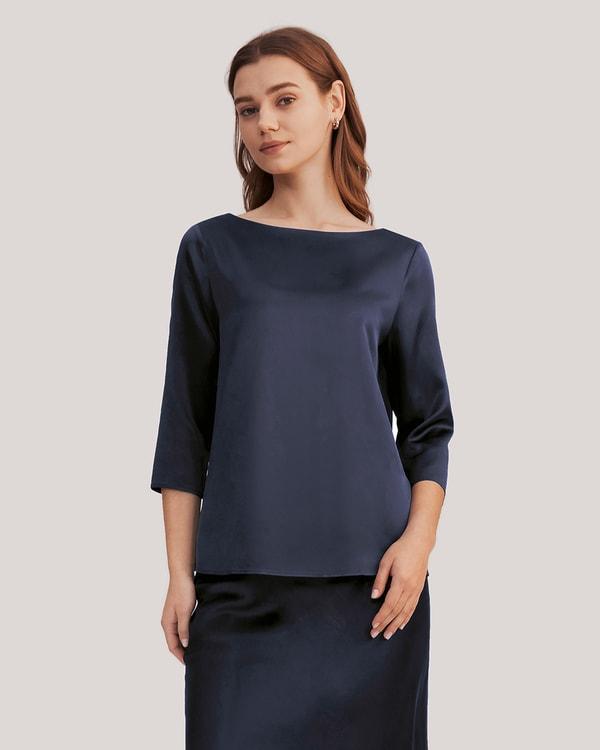 3/4 Sleeve Boat Neck Silk Blouse Product Image