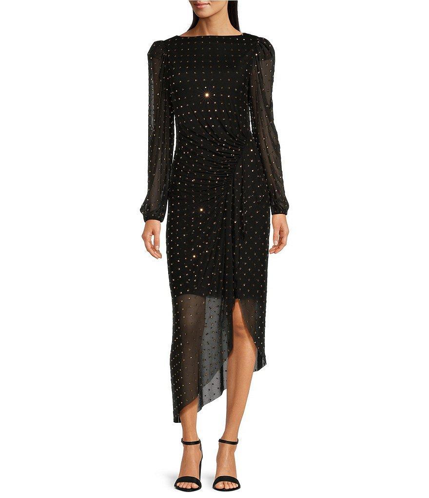 Alex Marie Belle Beaded Mesh High Boat Neck Puff Shoulder Long Sleeve Ruched Waist Asymmetrical Flounce Midi Dress Product Image