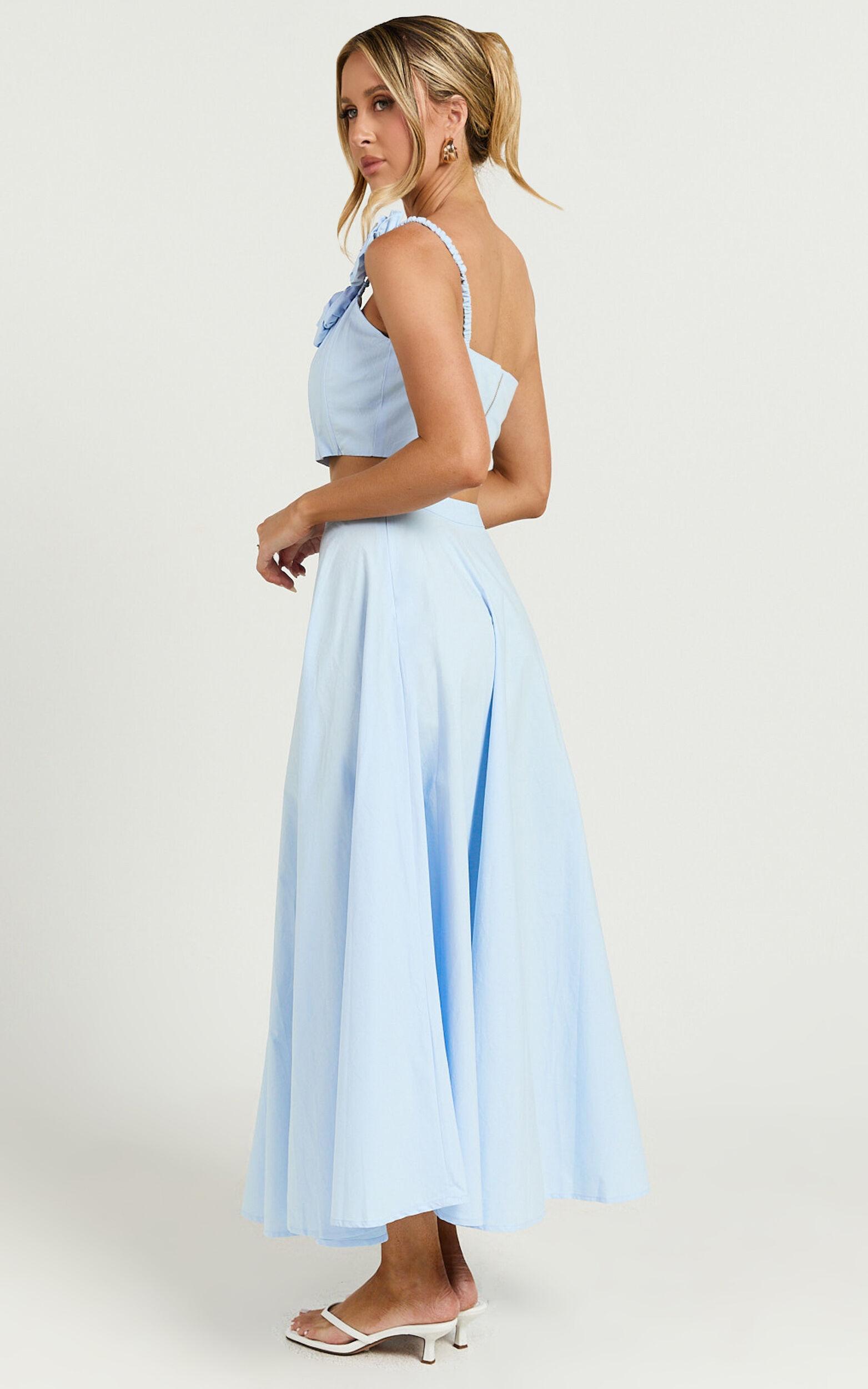 Claire Two Piece Set - One Shoulder Rosette Detail Crop Top And A Line Skirt Set in Powder Blue Product Image