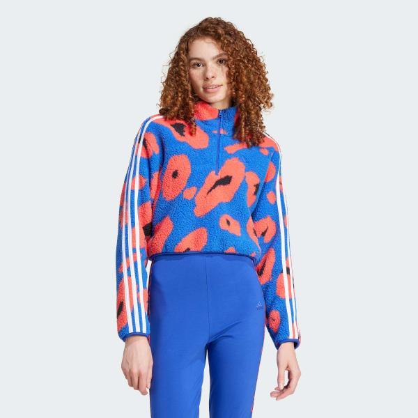 Essentials 3-Stripes Animal Print High Pile Cropped 1/4 Zip Top Product Image