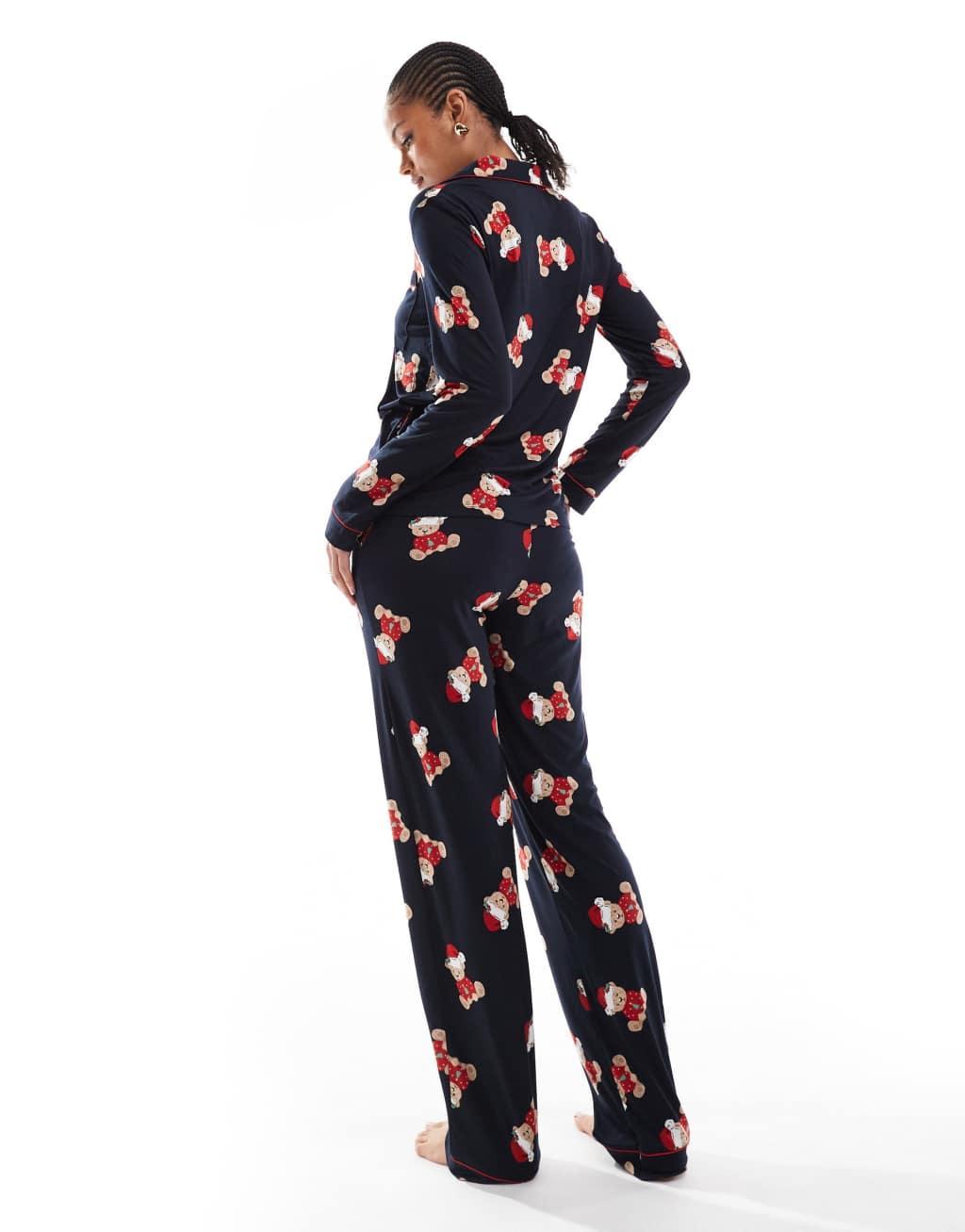 Chelsea Peers Exclusive Tall Christmas teddy print long sleeve camp collar shirt and pants pajama set in navy Product Image