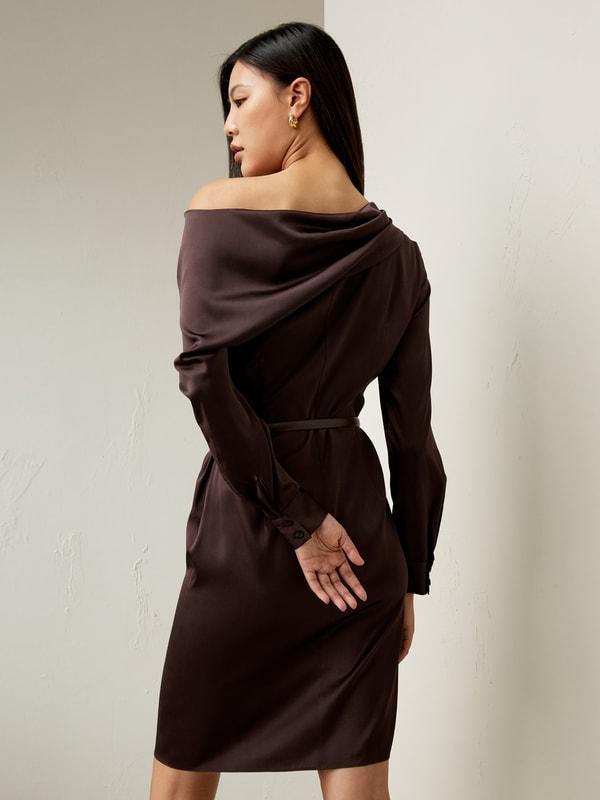 Off-Shoulder Ruched Midi Silk Dress Product Image