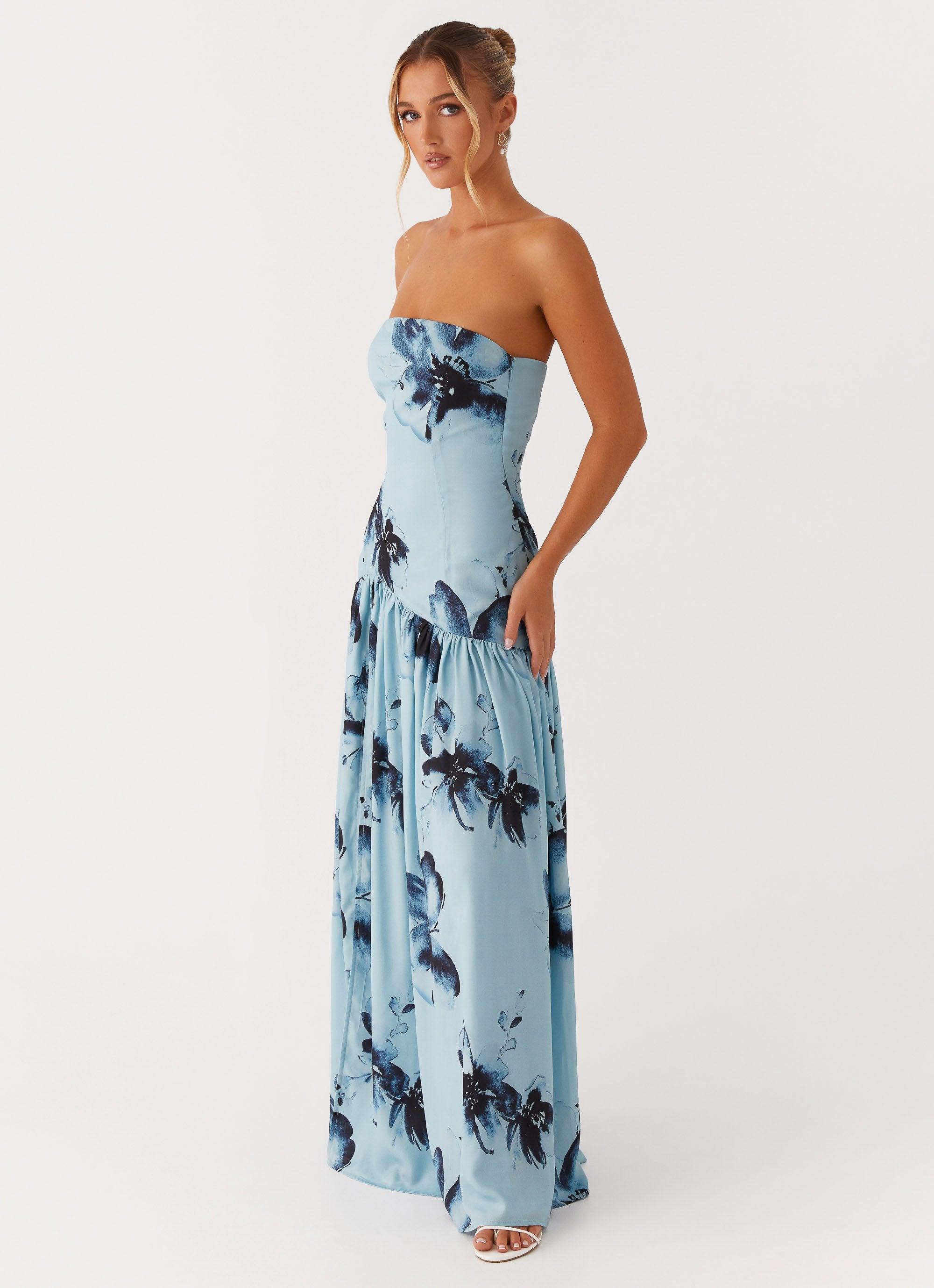 Eden Strapless Maxi Dress - Blue Black Floral Product Image