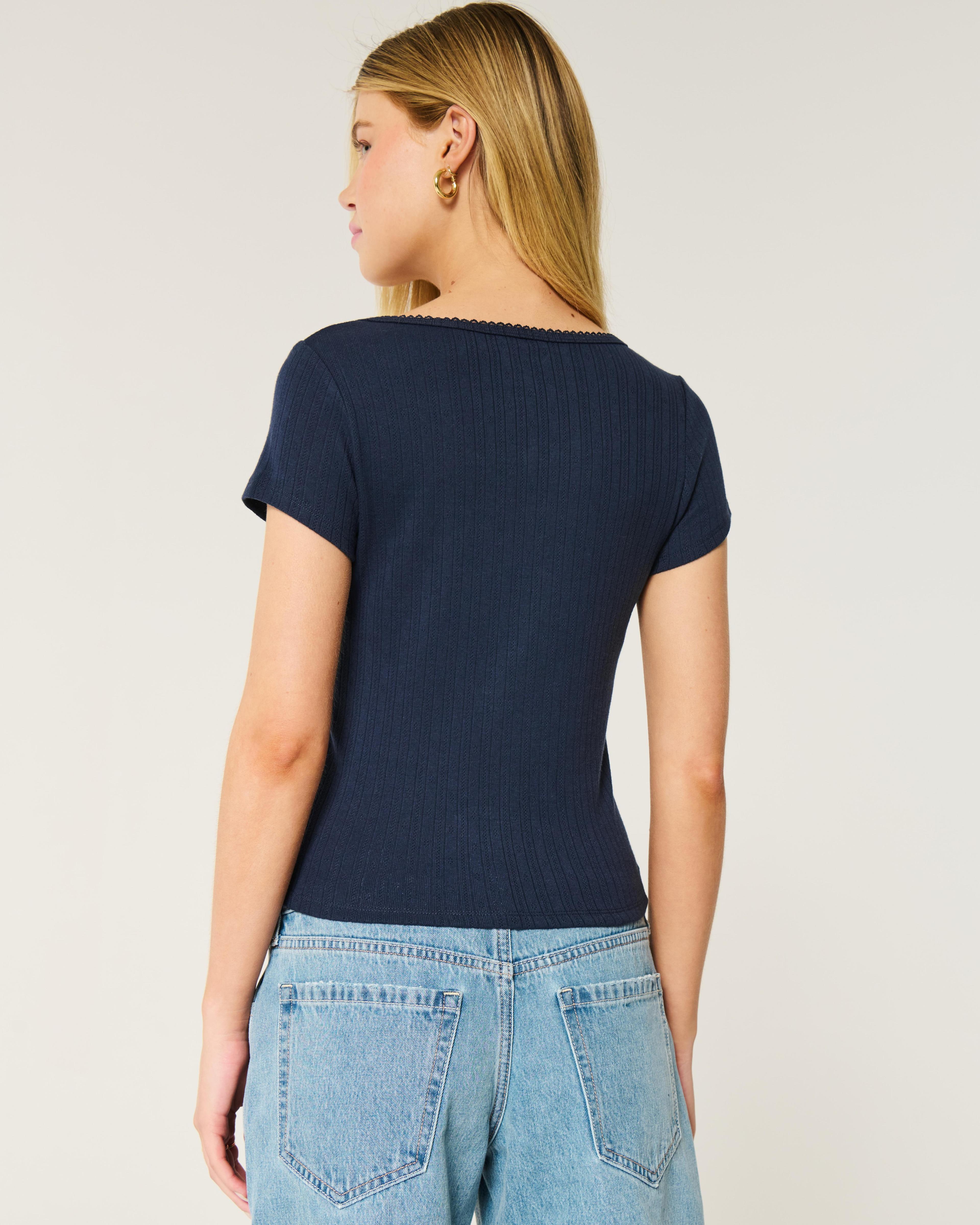 Short-Sleeve Button-Through Pointelle Top Product Image