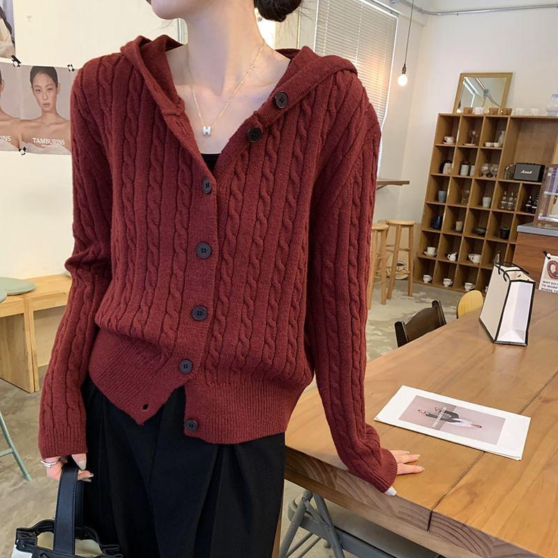 Plain Hooded Cable Knit Button-Up Cardigan Product Image