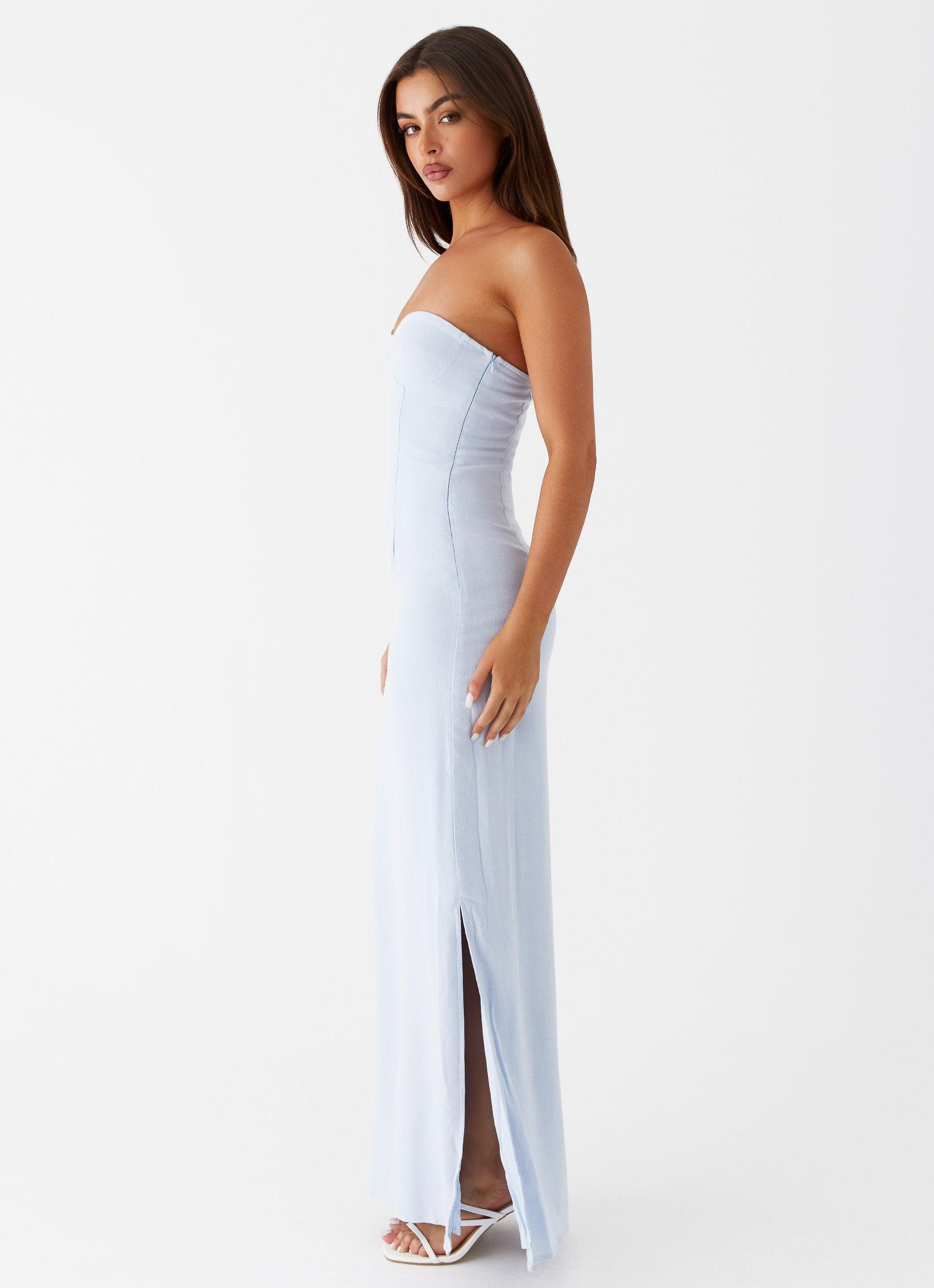 Esra Linen Strapless Maxi Dress - Blue Product Image