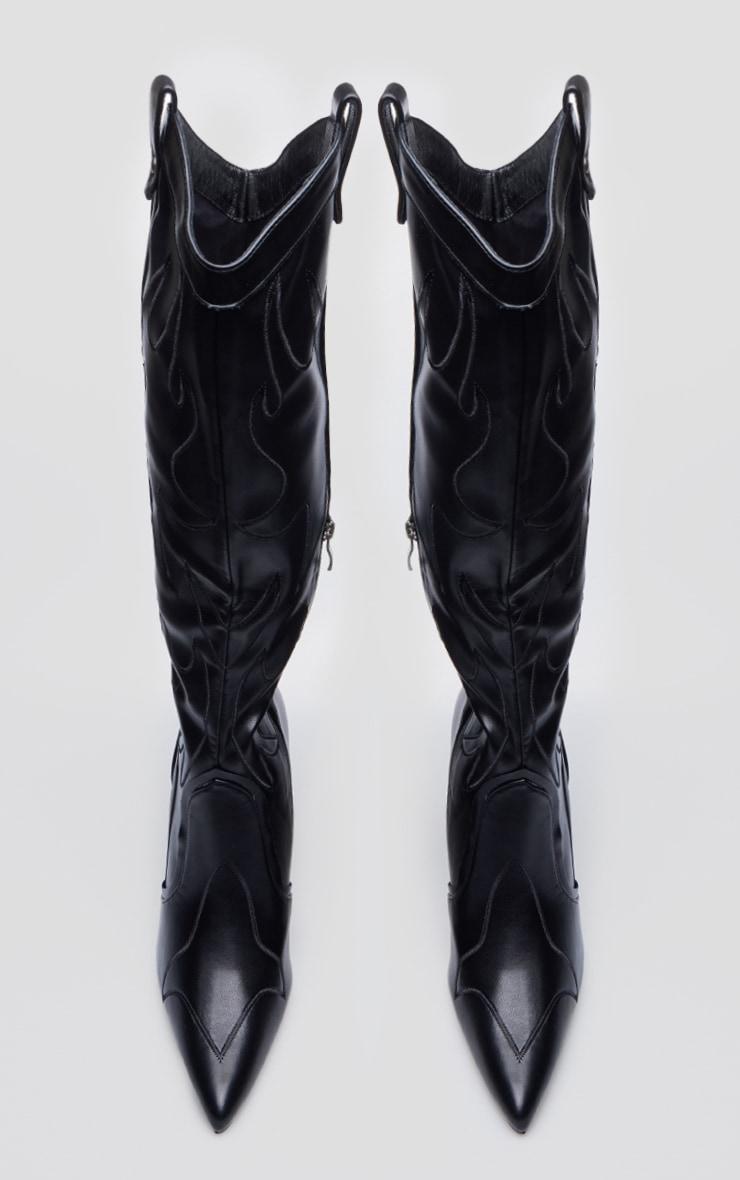 Black PU Point Toe Western Stiletto Heeled Knee High Boots Product Image