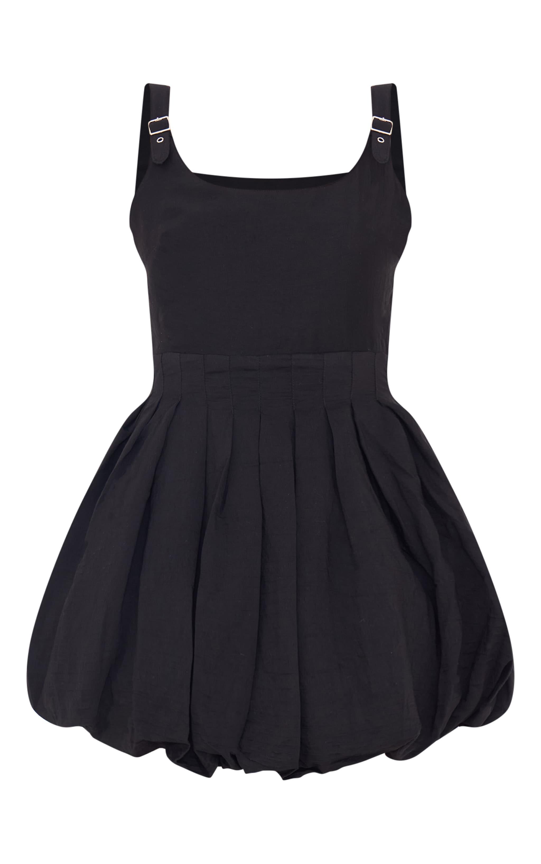 Black Textured Buckle Strap Puffball Dress Product Image