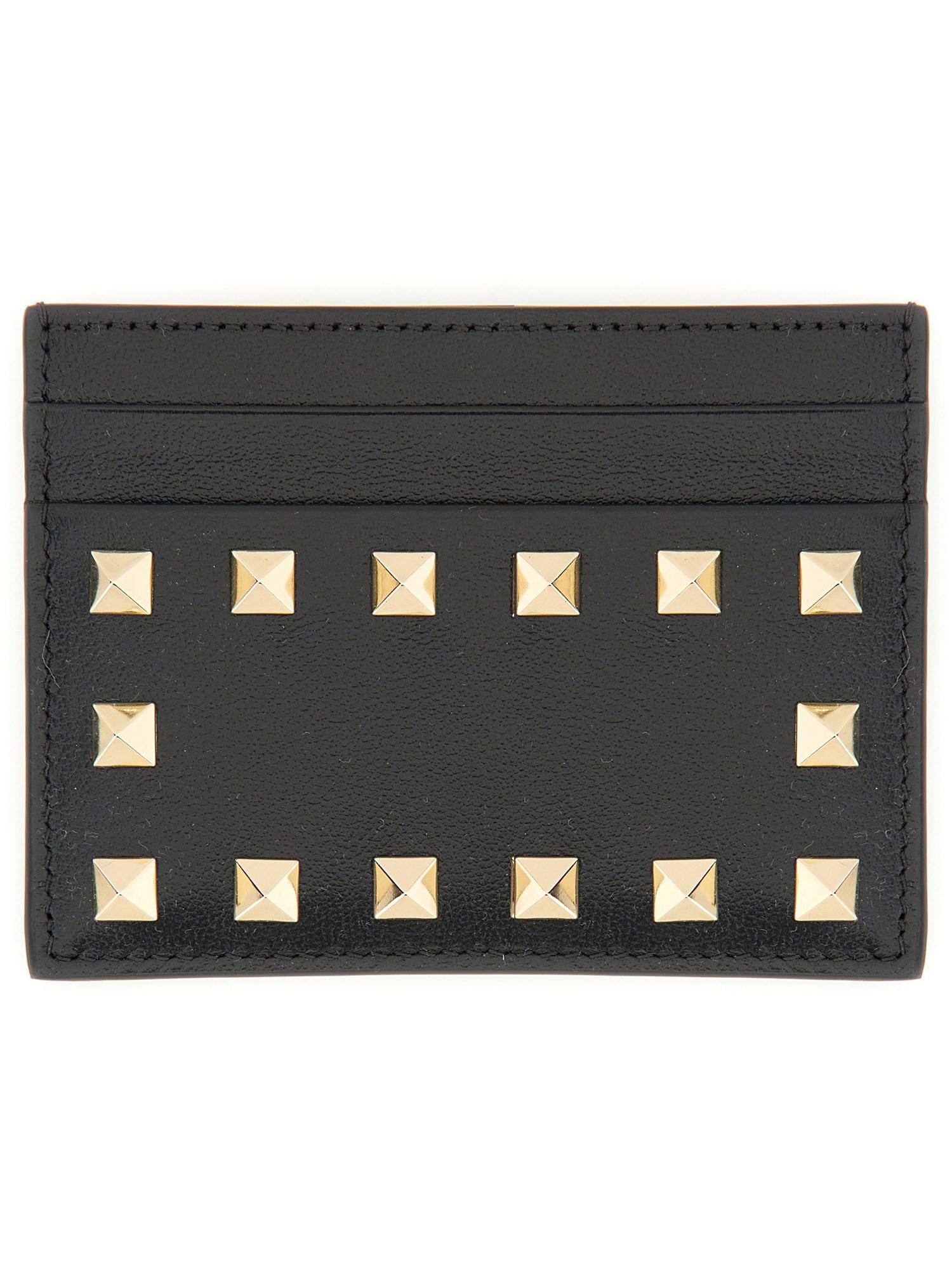 Studded Grained Leather Card Holder In Black Product Image