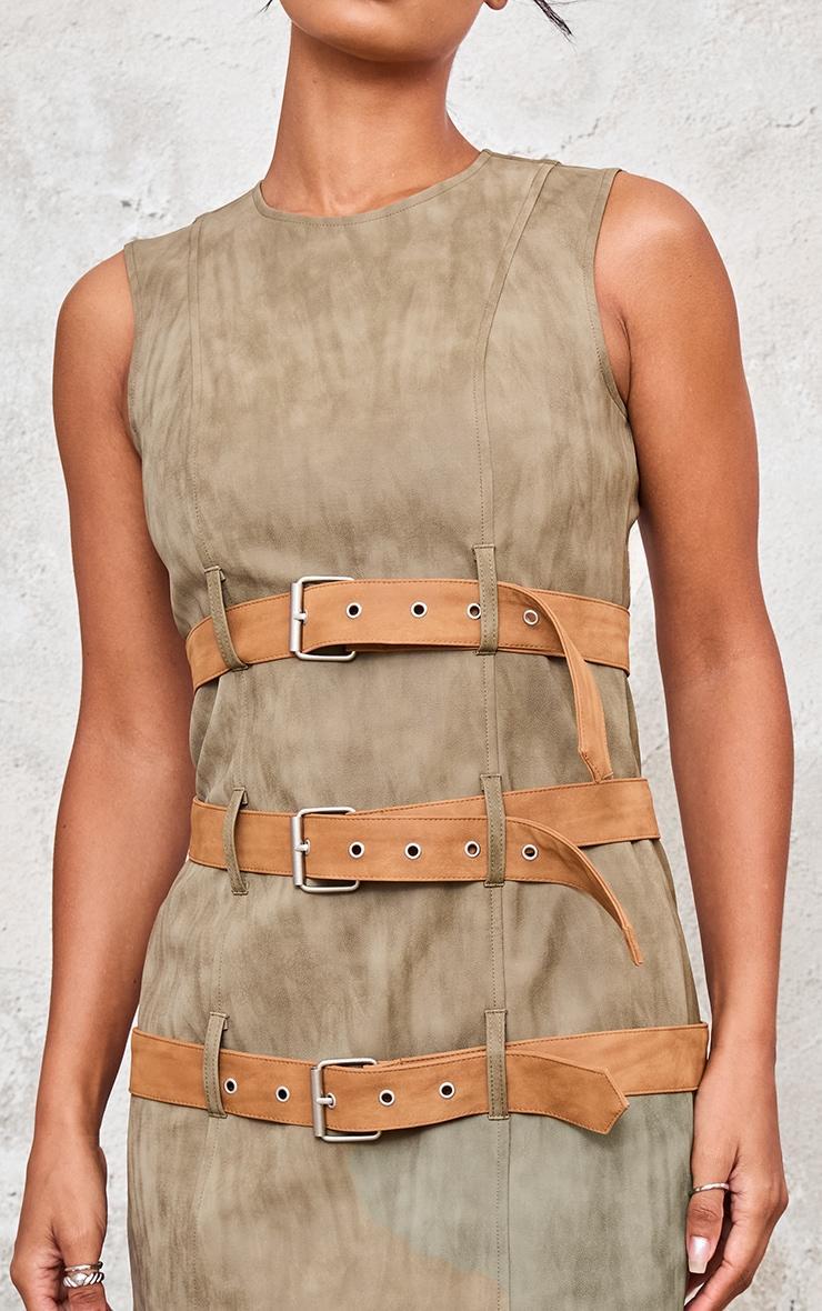 Khaki Faux Leather Belted Bodycon Dress Product Image