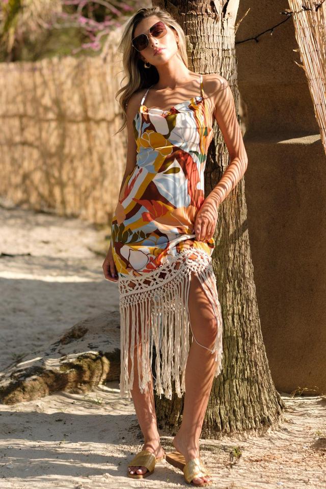 Sun Kissed Orangeade Tropical Print Fringe Mini Dress Product Image