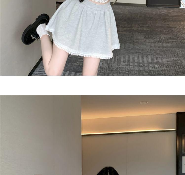 Mock Two-Piece Lace Panel Zip-Up Crop Hoodie / High Waist Mini A-Line Skirt Product Image