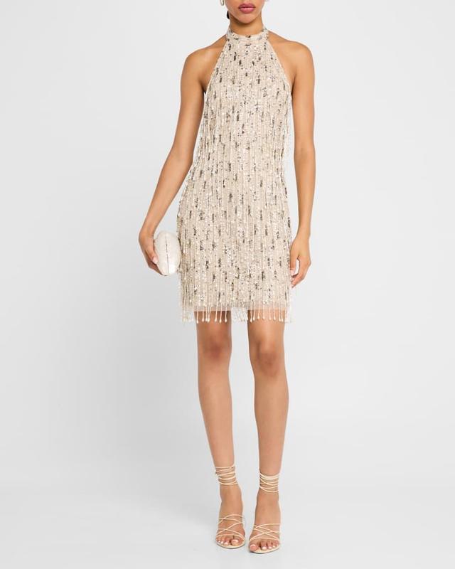 Bead & Sequin Fringe Halter Mini Dress Product Image