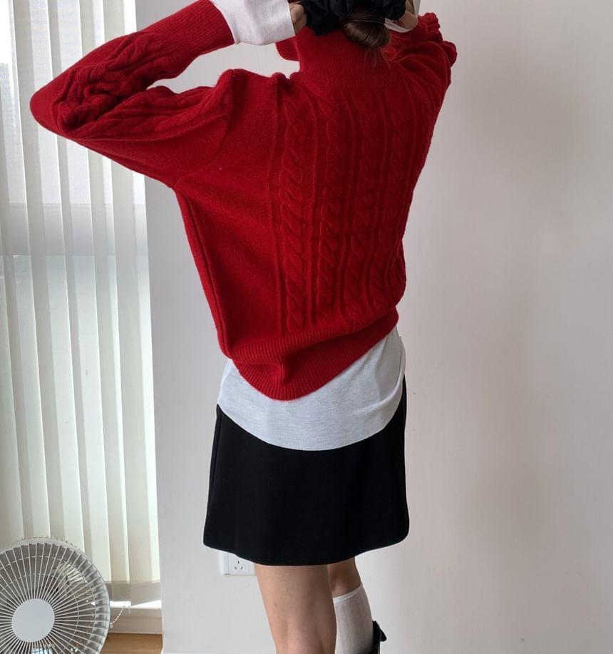 Turtleneck Plain Cable Knit Sweater Product Image