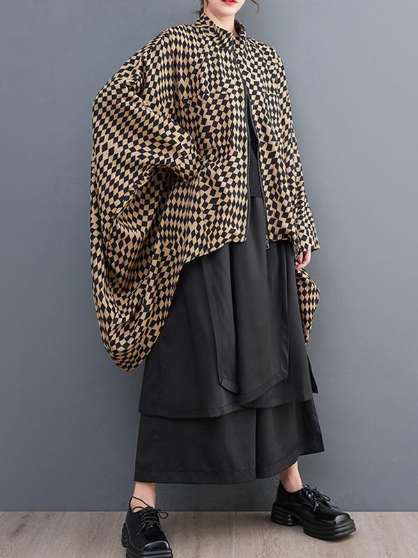 High-Low Loose Plaid Zipper Stand Collar Outerwear Product Image