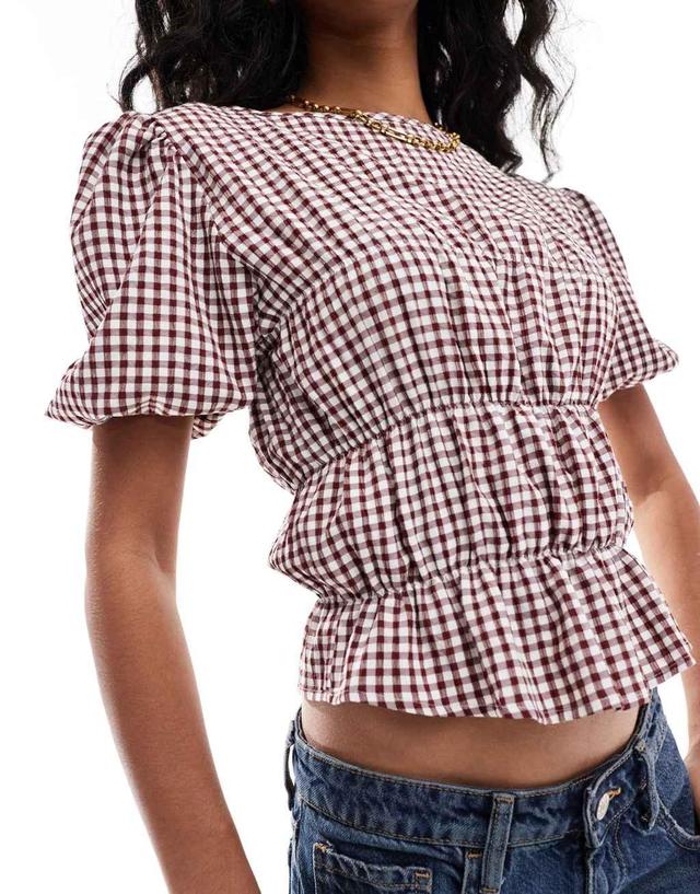 ASOS DESIGN shirred bodice blouse in red and cream gingham Product Image