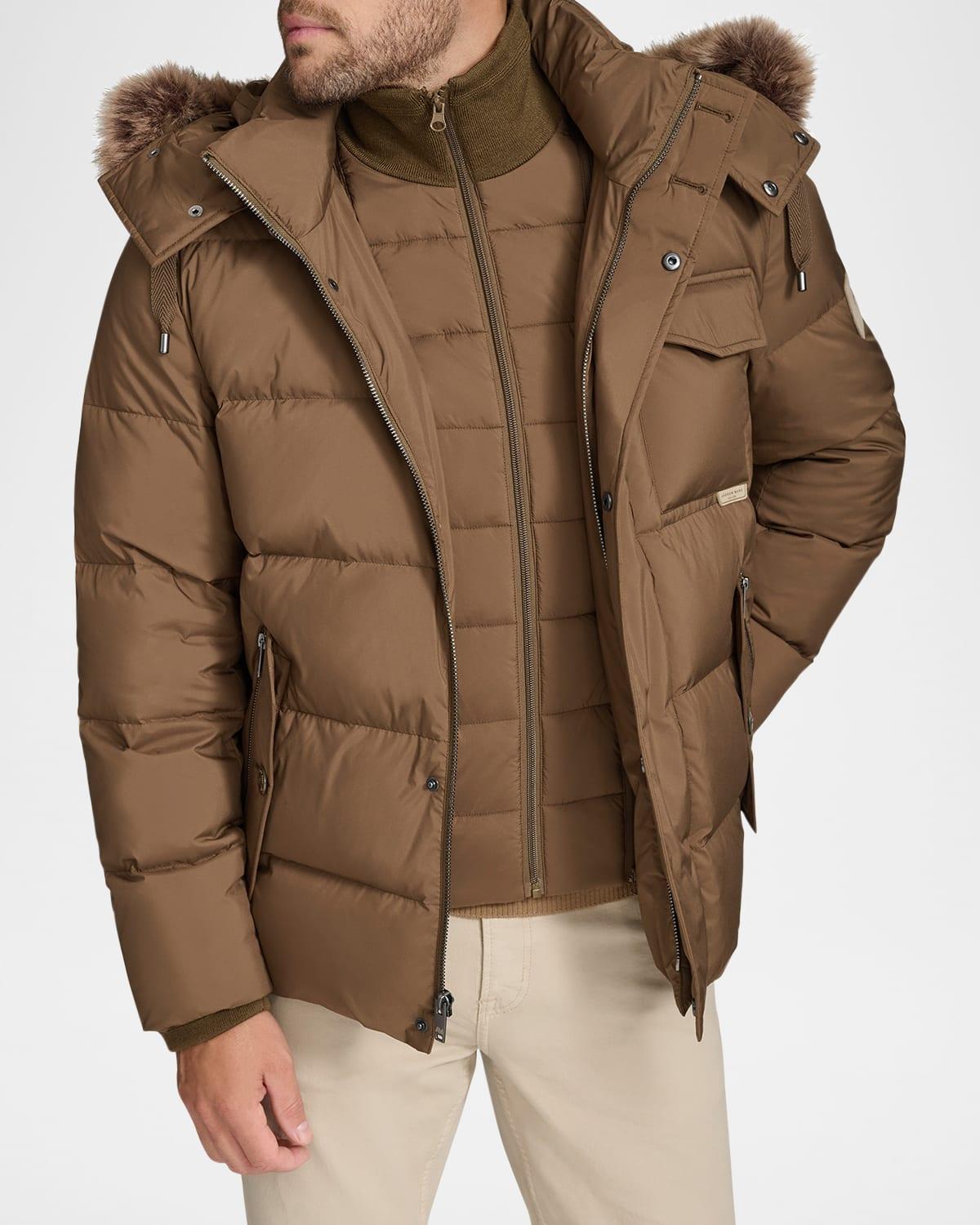 Mens Down Jacket with Faux Fox Fur Product Image