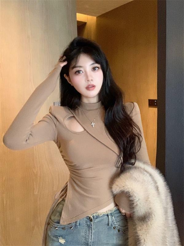 Long-Sleeve Mock Neck Plain Cutout Asymmetrical T-Shirt Product Image