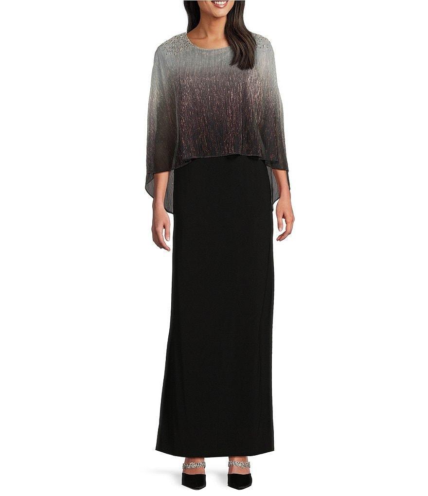 Ignite Evenings Beaded Ombre Popover 3/4 Sleeve Round Neck Gown Product Image