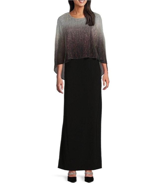 Ignite Evenings Beaded Ombre Popover 3/4 Sleeve Round Neck Gown Product Image