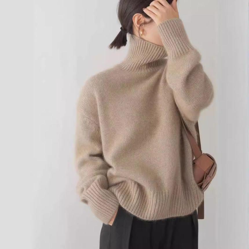 Long-Sleeve High Neck Plain Sweater Product Image