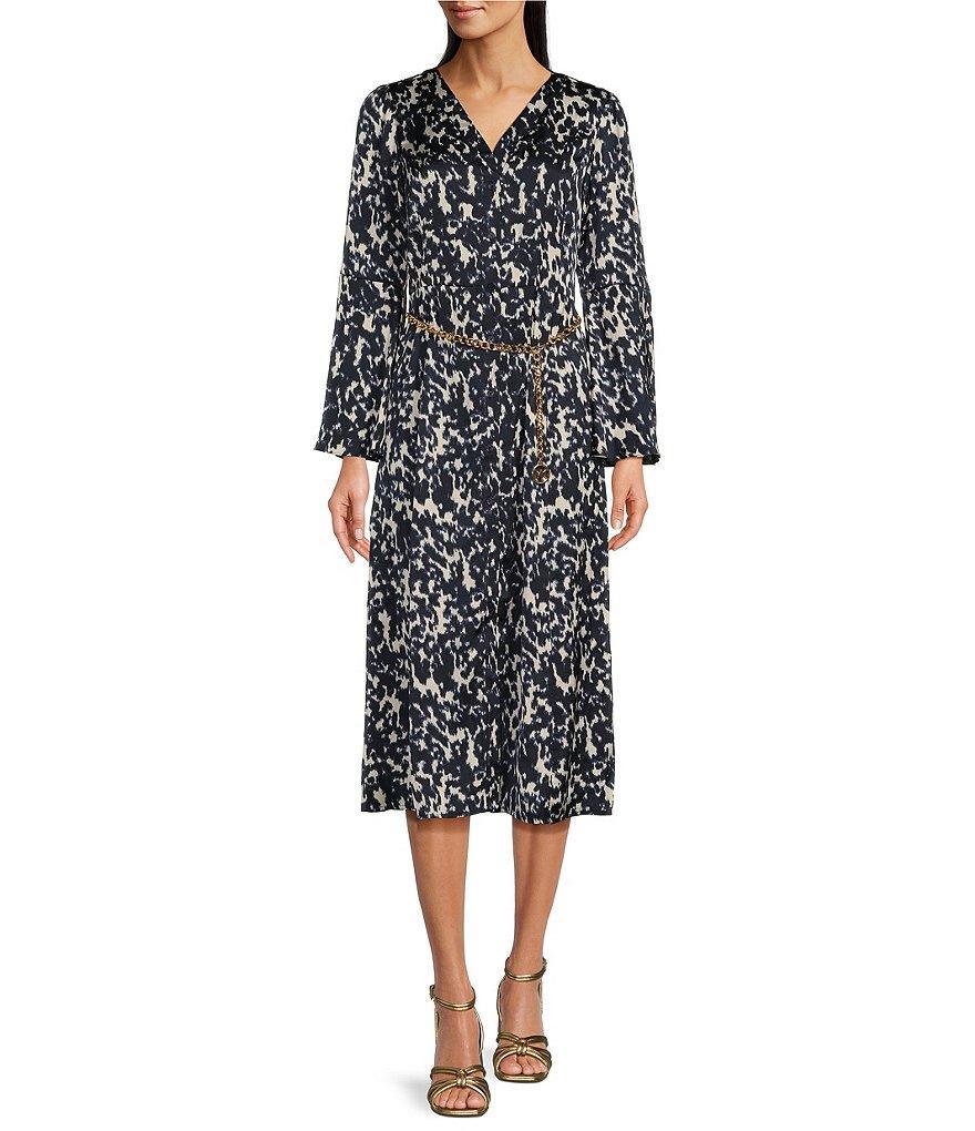 MICHAEL Michael Kors Crinkled Satin Bell Sleeve Tie Neck Chain Belted Midi Dress Product Image