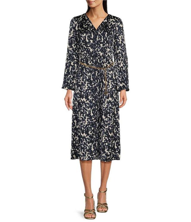 MICHAEL Michael Kors Crinkled Satin Bell Sleeve Tie Neck Chain Belted Midi Dress Product Image