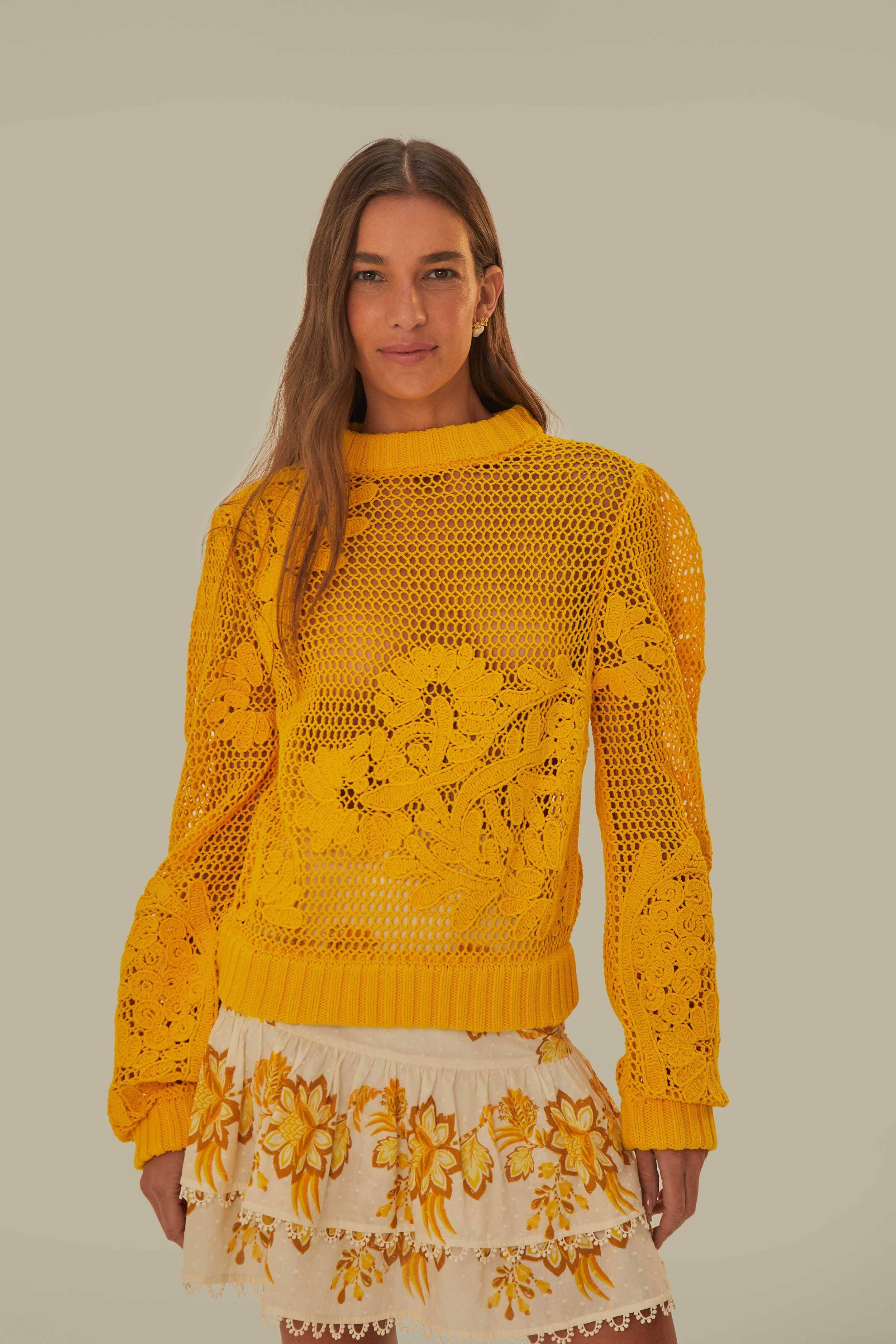 Yellow Embroidered Knit Sweater, YELLOW / S Product Image