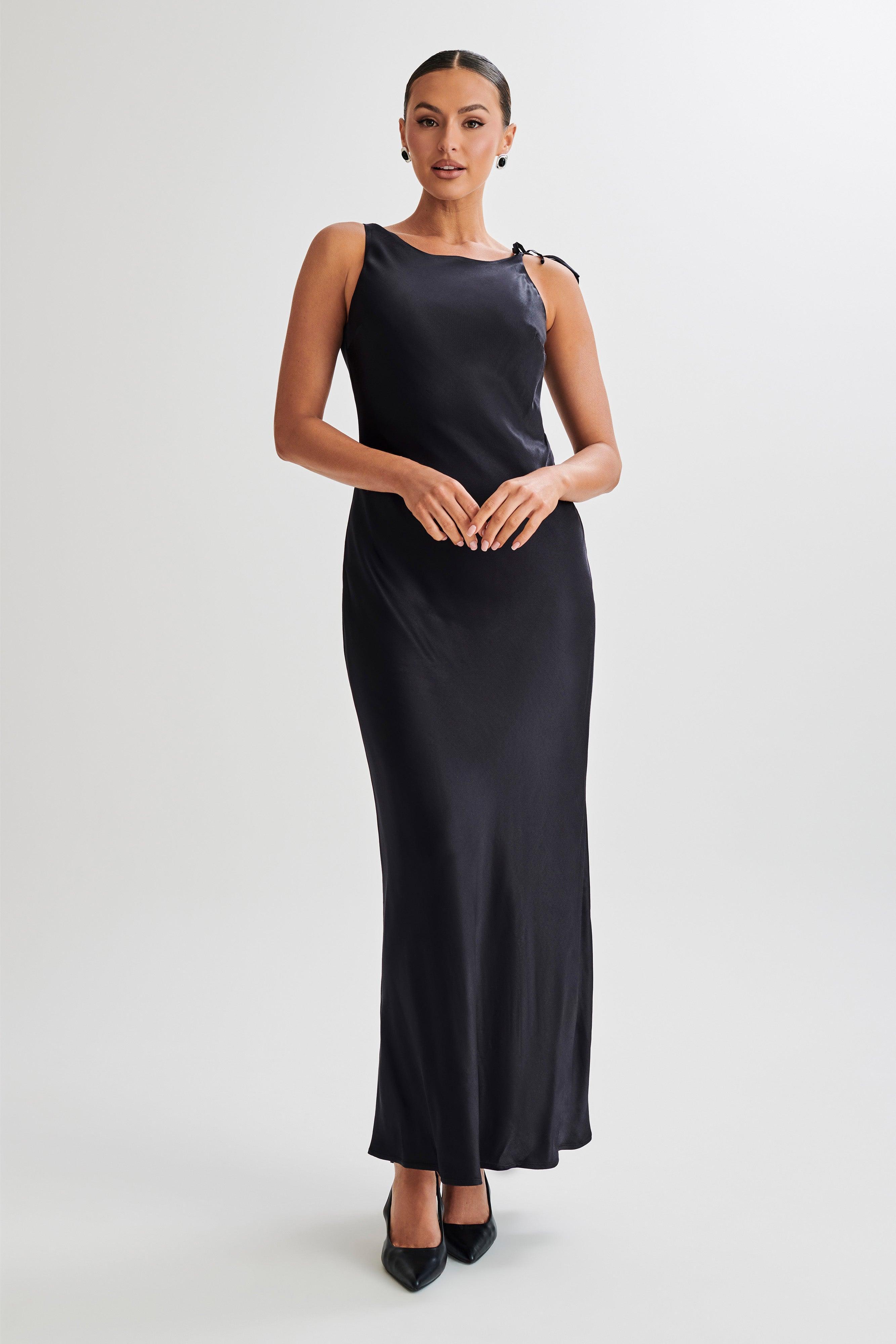 Annalise Satin Maxi Dress With Tie - Black Product Image