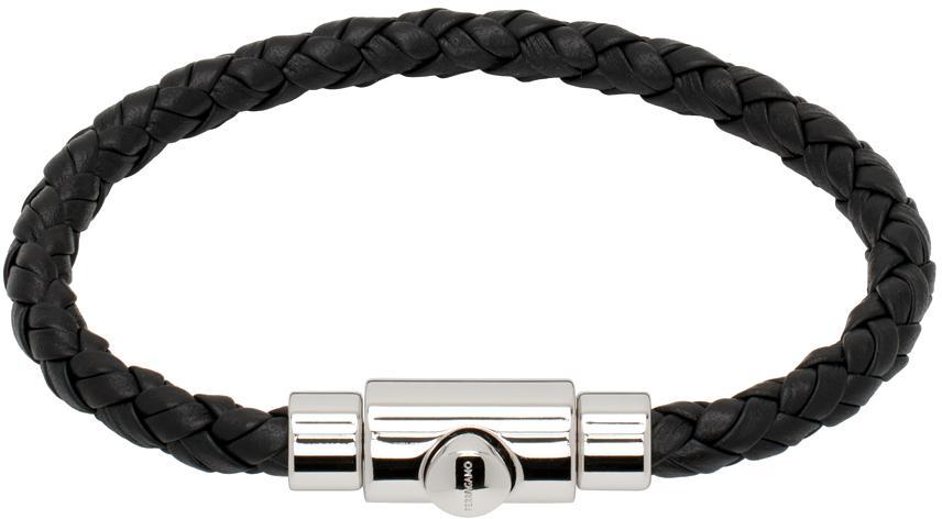 FERRAGAMO Black Braided Leather Bracelet In Nero+pld Lucido Product Image